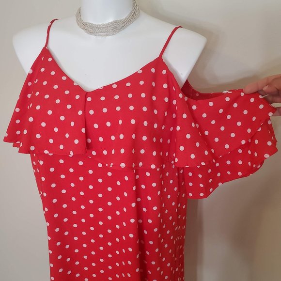 Umgee | Cold Shoulder red Ruffle dot Dress size L - Picture 3 of 12